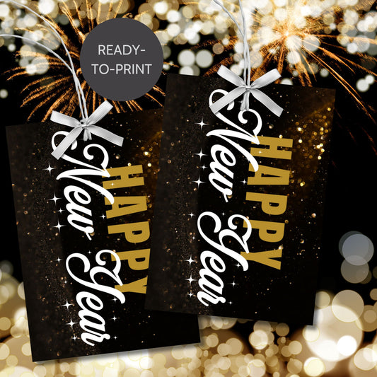 A set of ready-to-print New Year gift tags featuring bold gold and white lettering on a luxurious black background, adorned with sparkling gold effects. The "Happy New Year" message adds elegance and festivity to gift wrapping or event favors. Tags are 2.5 x 3.5 inches in size, perfect for classy celebrations.