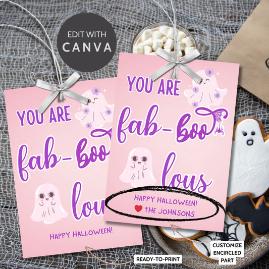 Printable pastel Halloween gift tags with the message "You Are Fab-BOO-lous" featuring a cute ghost and witch hat design, perfect for party favors or personalized gifts.