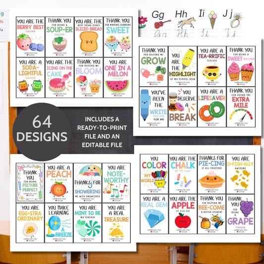 Back-to-School Gift Tags with 64 editable designs featuring cute and fun illustrations for teachers, staff, and students. Includes a ready-to-print PDF and an editable Canva template link for personalizing names.