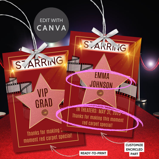 Hollywood Walk of Fame printable graduation gift tag with pink star and filmstrip design, perfect for red carpet-themed grad parties or movie events