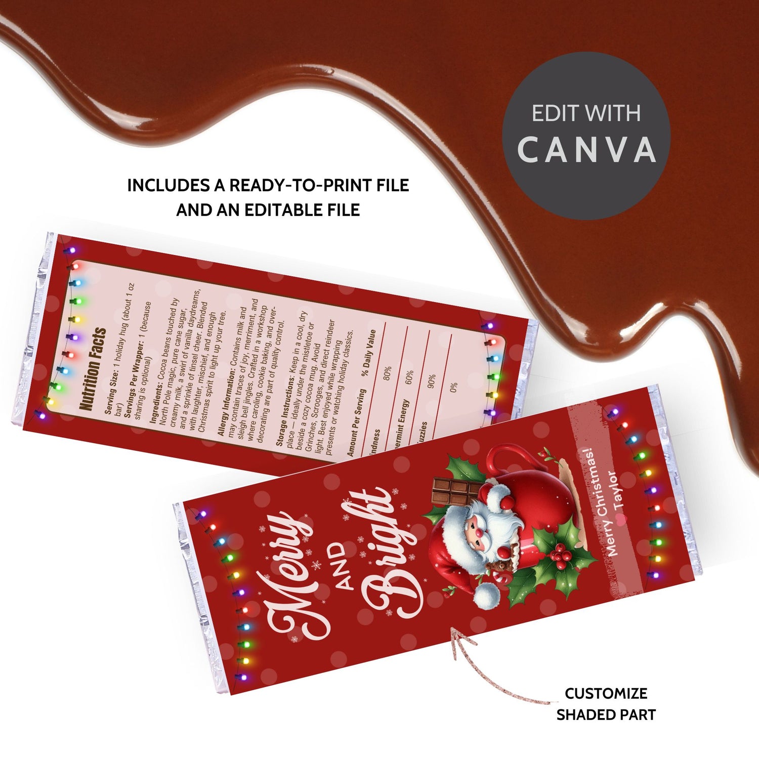 Editable Christmas chocolate wrapper with cheerful “Merry & Bright” message, pastel snowflakes, and festive lights in a bold red and mint green palette.