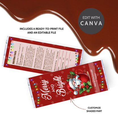 Editable Christmas chocolate wrapper with cheerful “Merry & Bright” message, pastel snowflakes, and festive lights in a bold red and mint green palette.