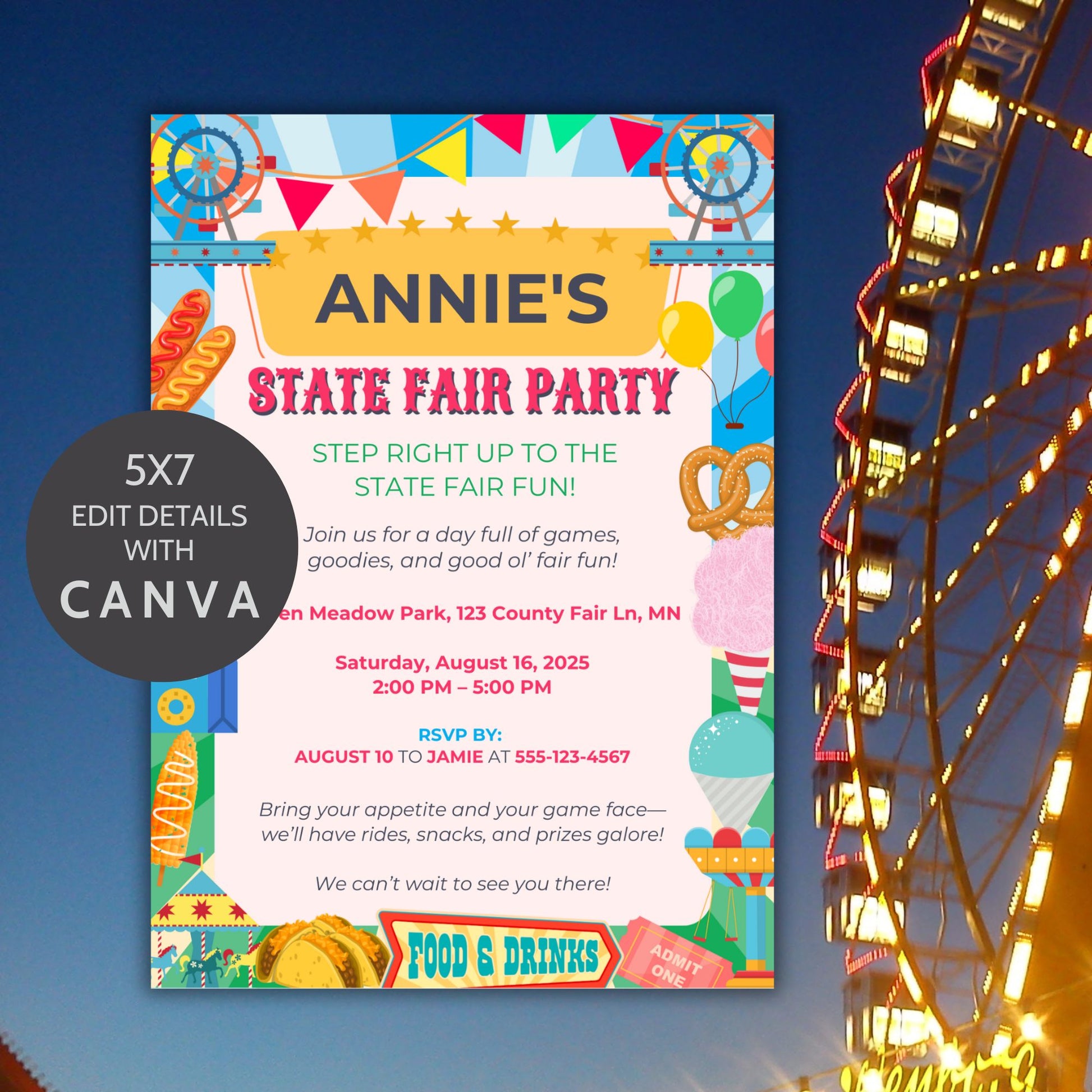 Editable State Fair Party Invitation with Ferris wheels, popcorn, cotton candy, hot dogs, and colorful fair elements; 5x7 Canva template printable for birthdays or summer events.