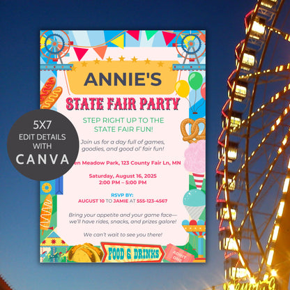 Editable State Fair Party Invitation with Ferris wheels, popcorn, cotton candy, hot dogs, and colorful fair elements; 5x7 Canva template printable for birthdays or summer events.