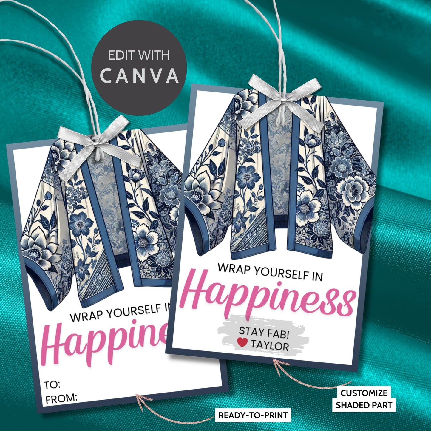 Printable kimono gift tags featuring a colorful kimono design with the text "Wrap Yourself in Happiness" and customizable space for names, perfect for adding a personal touch to any gift.