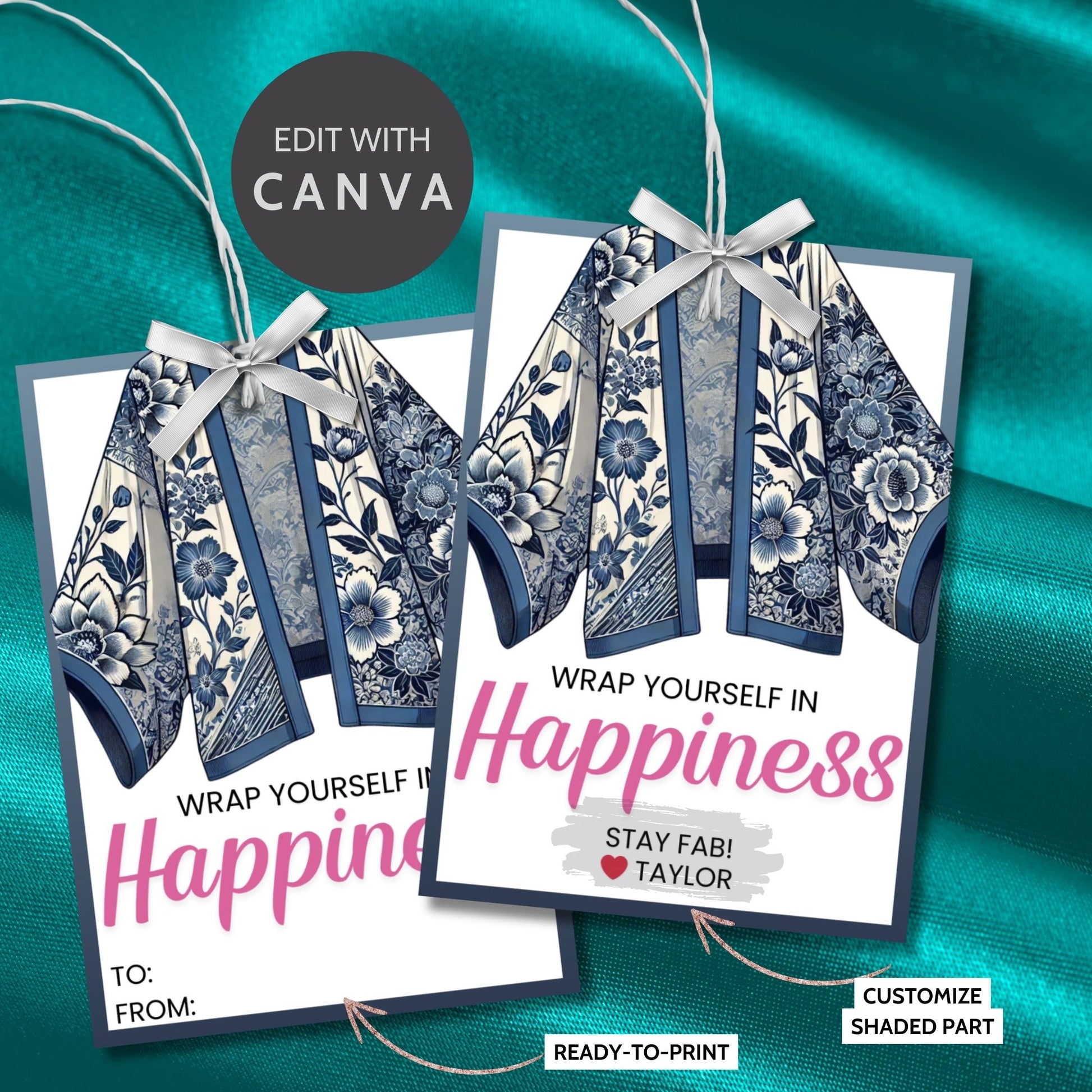 Printable kimono gift tags featuring a colorful kimono design with the text "Wrap Yourself in Happiness" and customizable space for names, perfect for adding a personal touch to any gift.