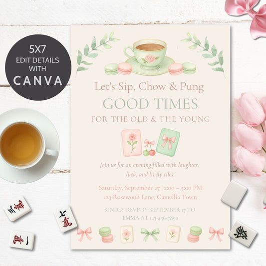 Tea party invitation with tea cups, cookies, and flowers on a white background.