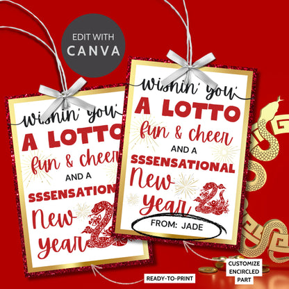 A printable Year of the Snake-themed gift tag with vibrant red and gold accents, featuring a playful message for New Year celebrations and scratch-off lottery gifts.