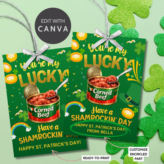 St. Patrick’s Day printable gift tag featuring a can of corned beef with the message “You’re My Lucky Corned Beef – Have a Shamrockin’ Day.” The design includes shamrocks, gold coins, and festive Irish elements, sized 2.5 x 3.5 inches with 8 tags per printable sheet.