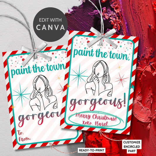 Retro-style holiday gift tags for lipstick or makeup gifts featuring the message "Paint the Town, Gorgeous!" Includes a printable PDF and an editable Canva template for customization.