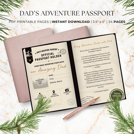 Dad's Adventure Passport printable Father's Day gift featuring 24 pages of family adventures, memory prompts, completion certificate, and printable booklet format for dads and kids.