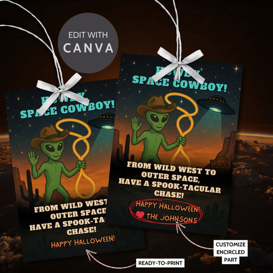 Alien holding a lasso on a Wild West Halloween gift tag with stars and space-themed elements, captioned "Howdy, Space Cowboy!"