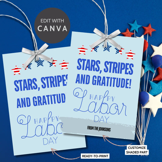 Printable Labor Day gift tags with a patriotic 'Stars, Stripes, and Gratitude!' design in red, white, and blue, perfect for personalizing and celebrating Labor Day. Size 2.5 x 3.5 inches, 8 tags per sheet