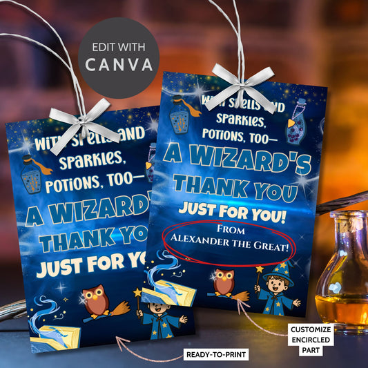 Two blue wizard-themed thank you cards with white ribbons on a dark background.