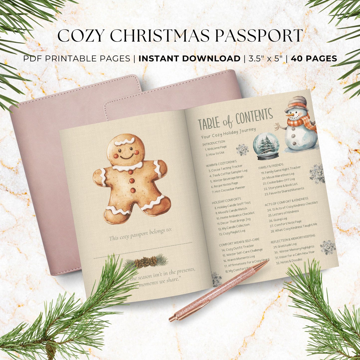 Cozy Christmas Passport Printable – 40-page hygge holiday journal with watercolor illustrations, tasting logs, self-care pages, and winter reflections.