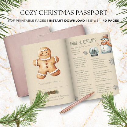 Cozy Christmas Passport Printable – 40-page hygge holiday journal with watercolor illustrations, tasting logs, self-care pages, and winter reflections.