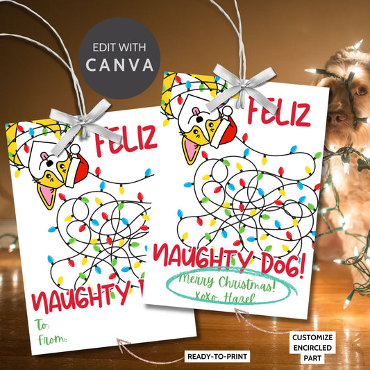 Playful "Feliz Naughty Dog" gift tags featuring a festive pup tangled in holiday lights. Perfect for pet gifts or treats, includes printable PDF and editable Canva template.