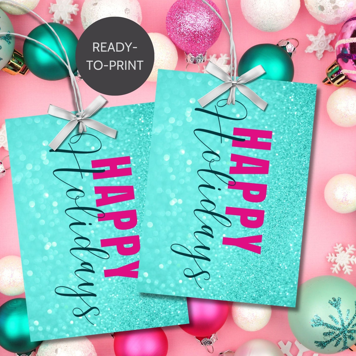 Printable Holiday gift tags featuring an aqua glitter background with bold magenta "Happy Holidays" text and black script accents, sized 2.5 x 3.5 inches, 8 tags per sheet.