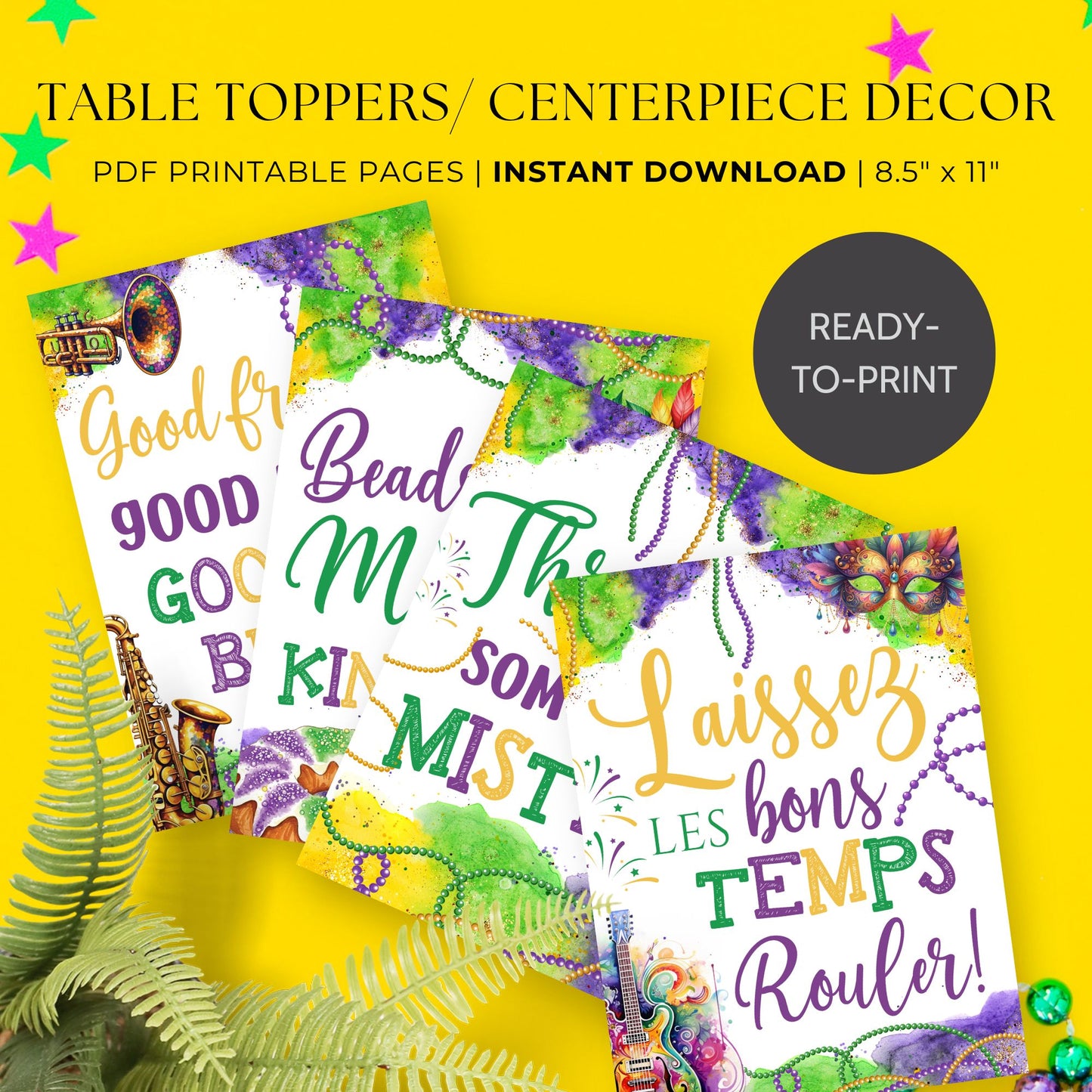 Printable Mardi Gras table toppers featuring classic Mardi Gras phrases in bold purple, gold, and green, perfect for party centerpieces and festive event decor.