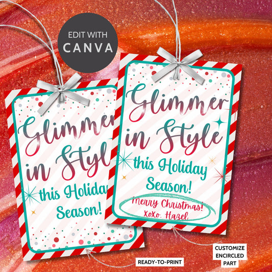 Festive "Glimmer in Style this Holiday Season" gift tags with a candy cane border, ideal for makeup gifts like lip gloss, lipstick, or eyeshadow. Includes printable PDF and editable Canva template.