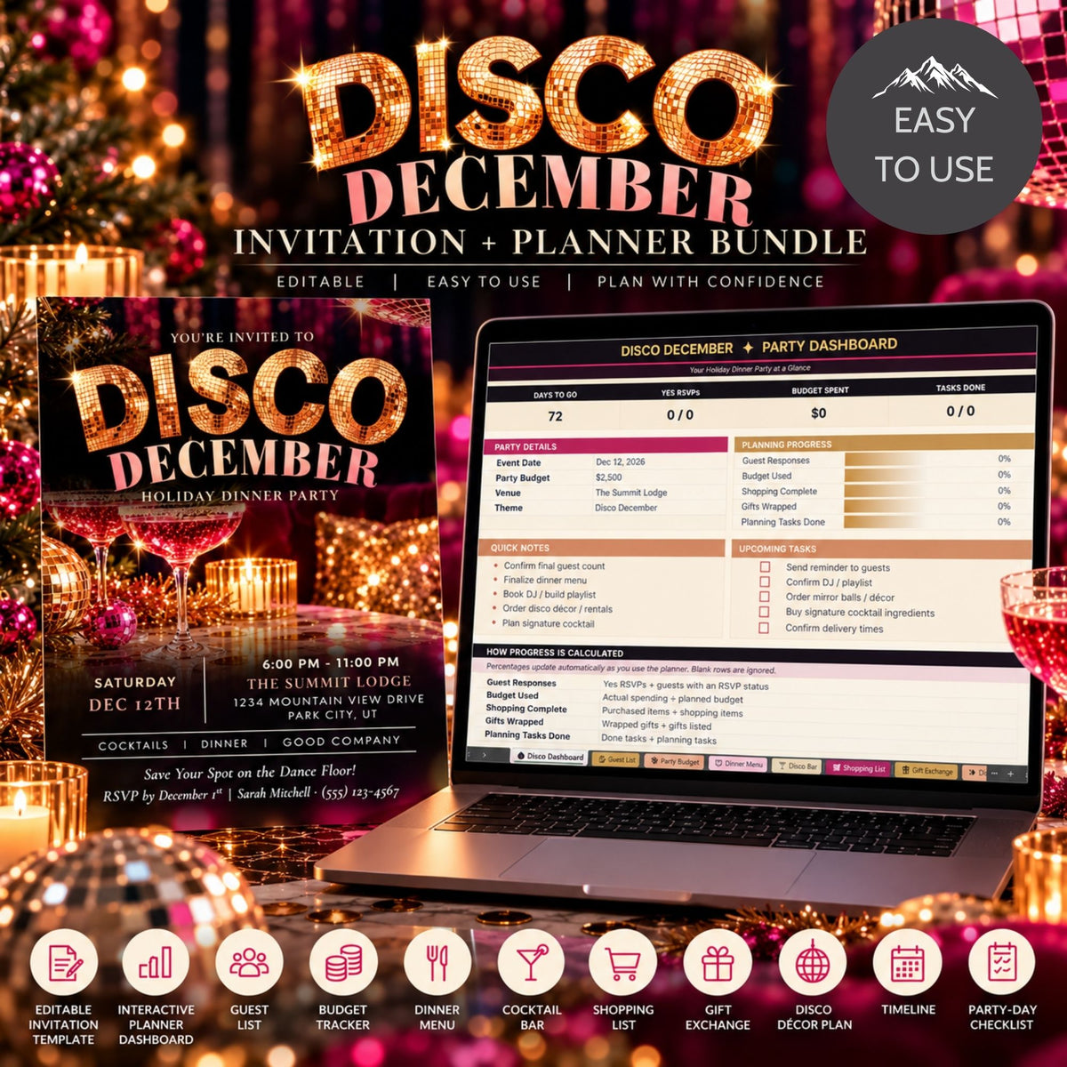 Promotional graphic for a digital 'Disco December Invitation + Planner Bundle' showing a laptop with a dashboard screen, a printed invitation card, and a planner page, set against a festive blurred party background with lights and glasses. Text highlights editable features and included planner sections.