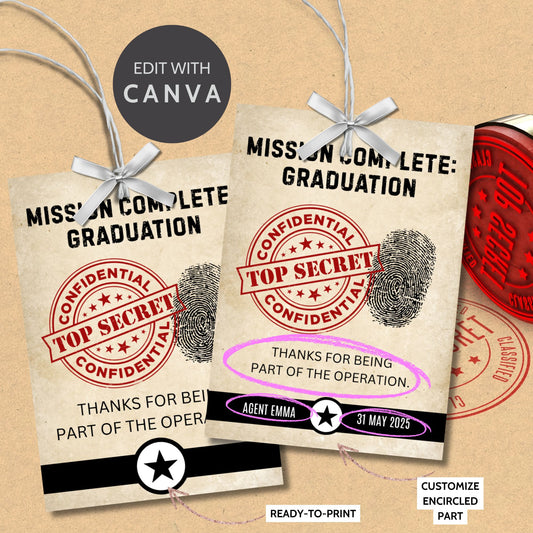 Spy-themed printable graduation gift tag with Top Secret stamp and fingerprint graphic, editable for name and date, ideal for covert mission grad parties