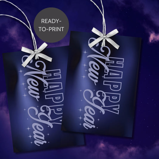 Future Dusk Happy New Year gift tags featuring the 2025 Color of the Year, with sleek midnight blue gradient and modern typography, perfect for holiday gifting. Printable, 2.5 x 3.5 inches, 8 per sheet.