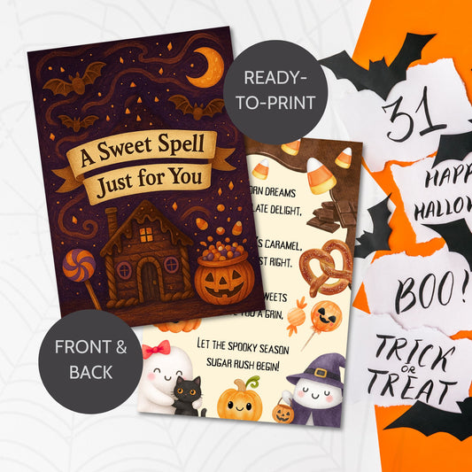 Printable double-sided Halloween Boo Basket Cards (5x7 PDF) – spooky and festive card inserts for Halloween gift baskets.