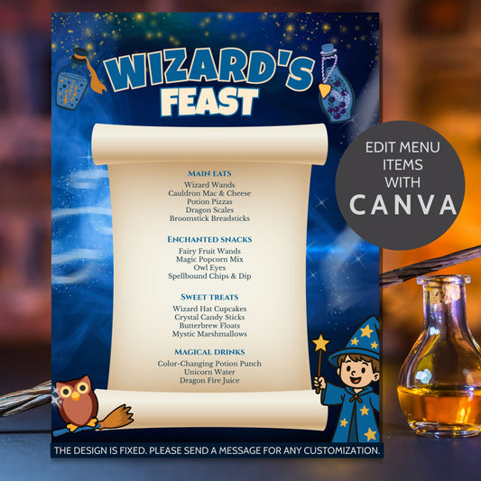 Editable Wizard Feast Party Menu with magical food names like Potion Pizzas, Owl Eyes, and Unicorn Water – 8.5x11 printable for fantasy-themed celebrations.