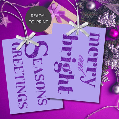 A set of ready-to-print Christmas gift tags featuring bold purple glitter text on a soft lavender background with festive messages like "Merry and Bright" and "Season's Greetings." Each tag measures 2.5 x 3.5 inches, perfect for elegant and vibrant holiday gifting.