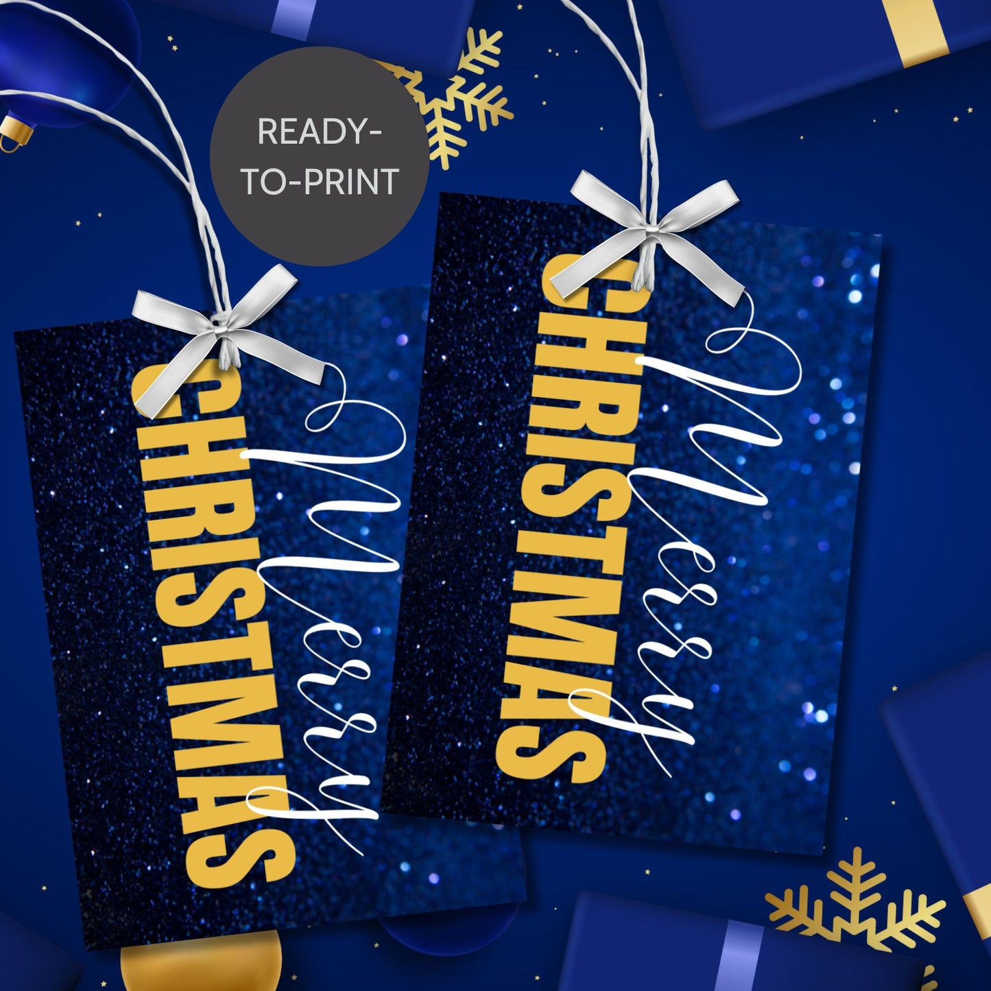 Printable blue and gold Christmas gift tags featuring a sparkling blue glitter background and bold gold "Merry Christmas" text, sized 2.5 x 3.5 inches, 8 per sheet.