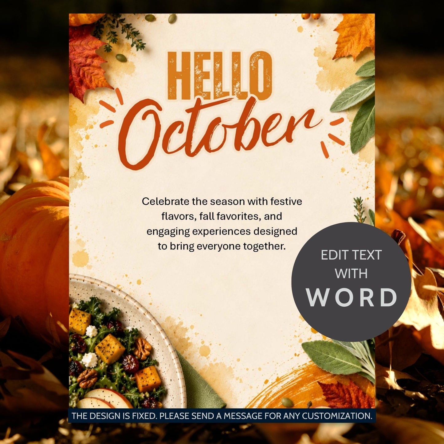 A vertical 'Hello October' seasonal graphic with autumn leaves, pumpkins, and a bowl of salad around the edges, plus a dark gray circular badge that says 'EDIT TEXT WITH WORD.' The background is a blurred fall scene.