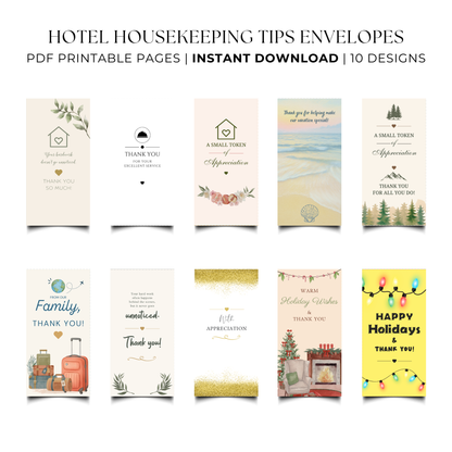 A promotional graphic for a hotel housekeeping tips envelope set, showing 10 different printable envelope designs arranged in a grid with text at the top reading 'HOTEL HOUSEKEEPING TIPS ENVELOPES', 'PDF PRINTABLE PAGES', 'INSTANT DOWNLOAD', and '10 DESIGNS'.