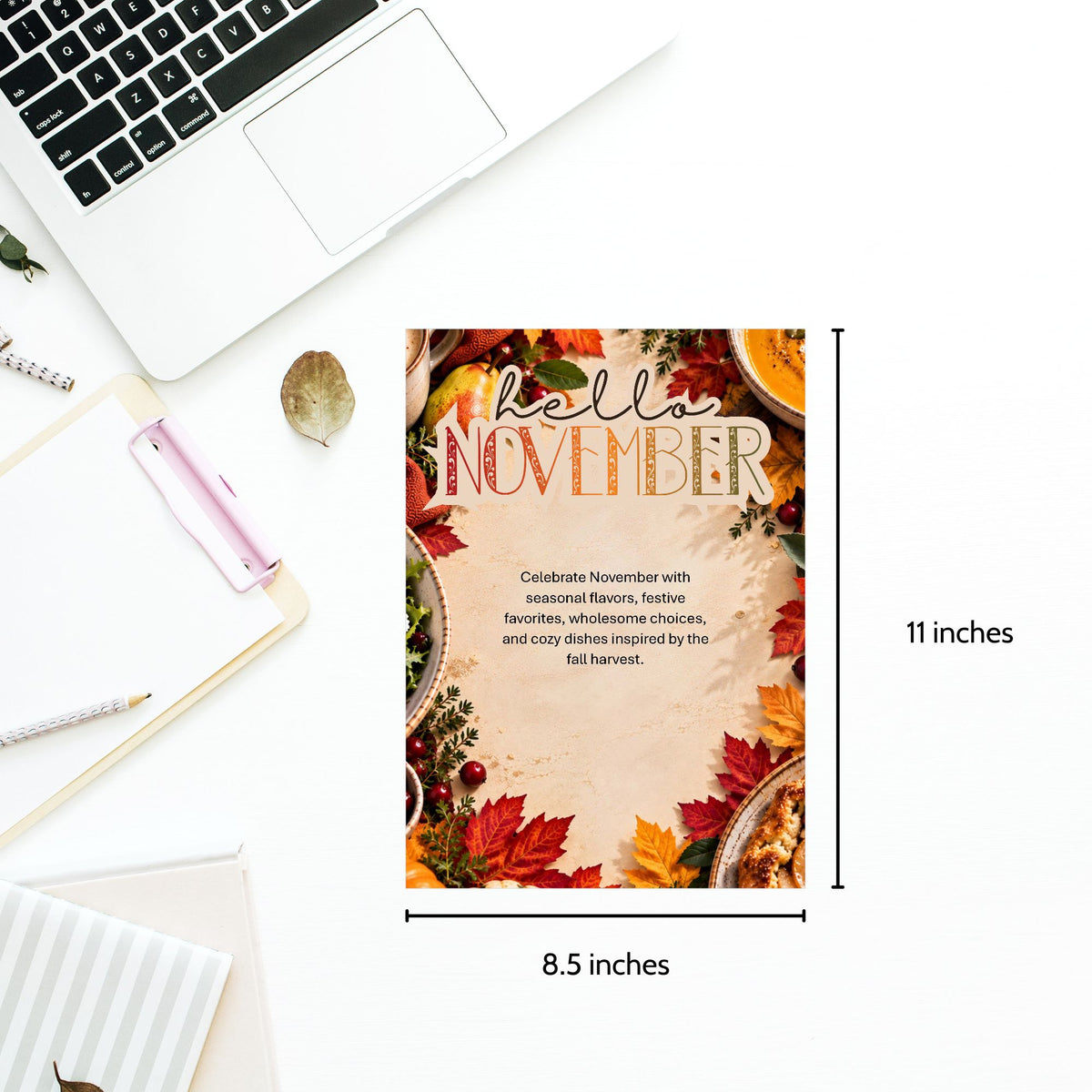 A flat-lay mockup of a 'Hello November' autumn-themed invitation card, shown with dimension lines indicating 11 inches by 8.5 inches.
