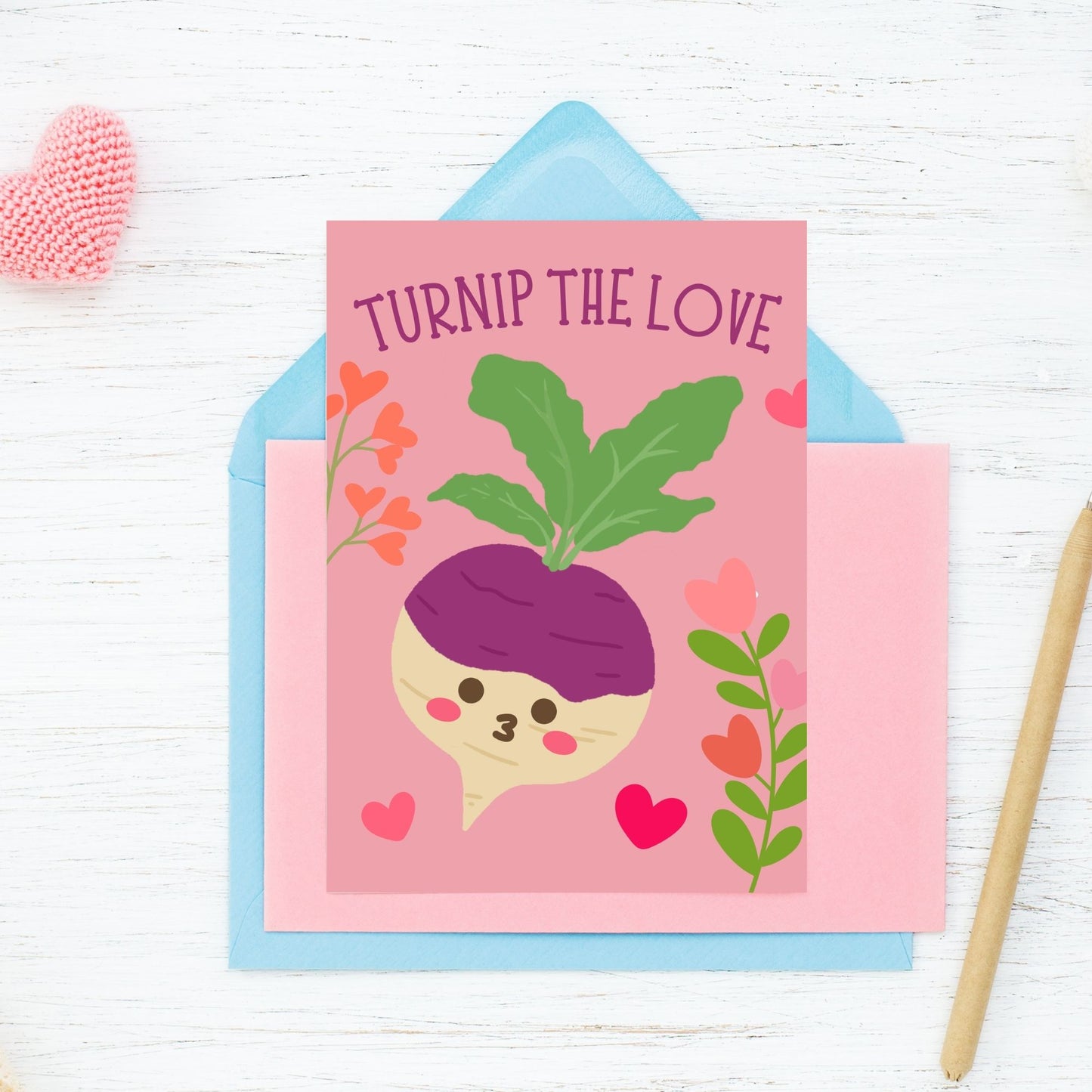 Printable Valentine’s Day Greeting Card featuring the phrase “Turnip the Love” with a cute turnip illustration. Designed as a 5x7 PDF on an 8.5 x 11 sheet with two cards per page. A punny and playful Valentine’s card for loved ones.