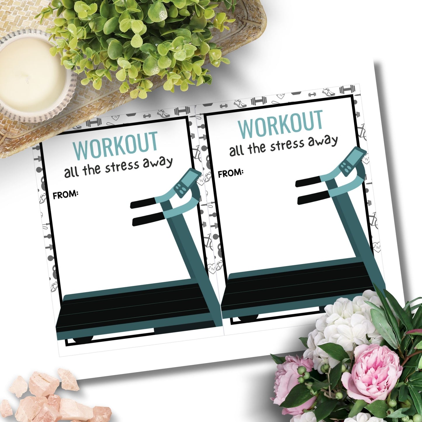 Printable fitness center gift card holders for students and anyone, 5x7 inches, laid out on an 8.5 x 11 inch sheet, with an energizing "Workout All the Stress Away" message.