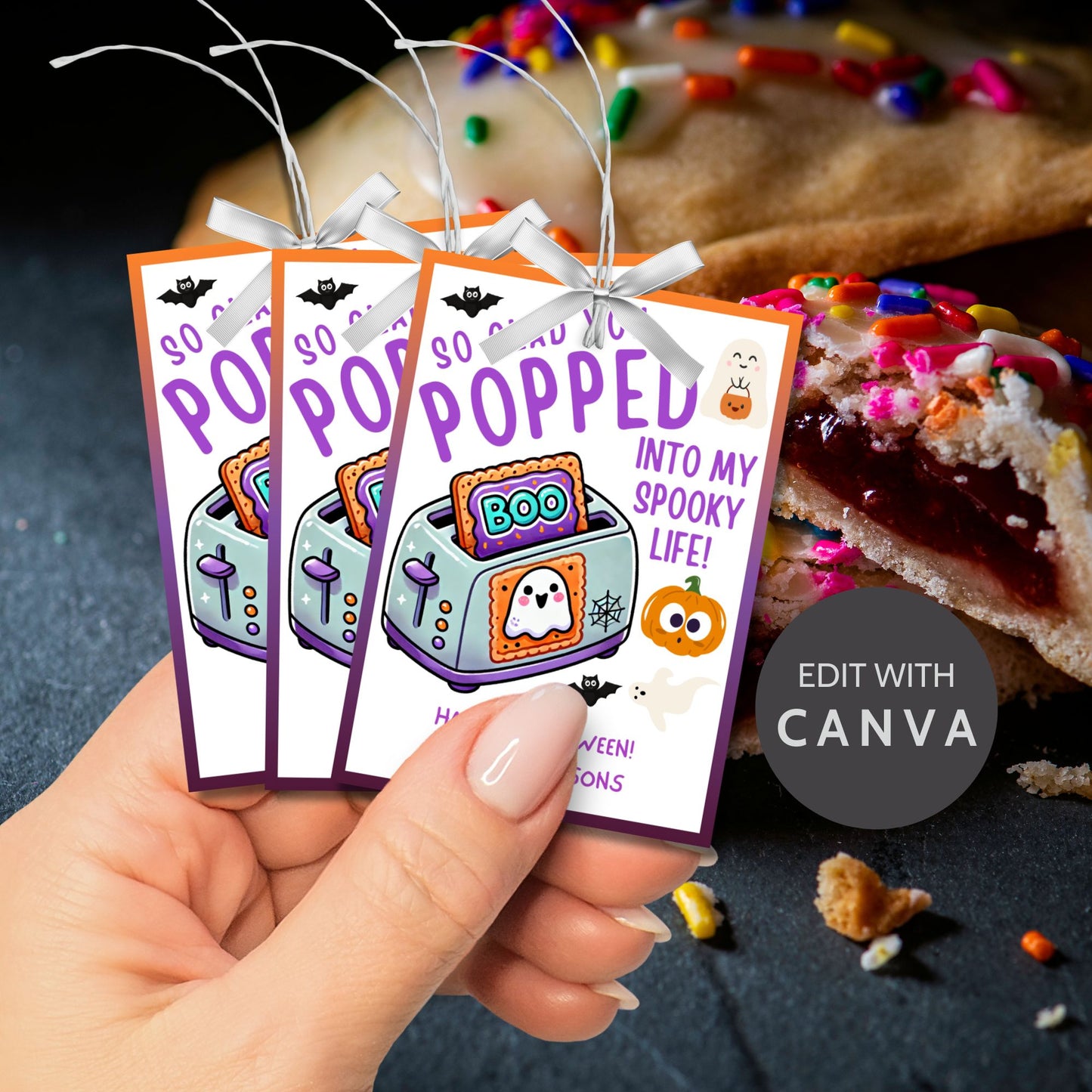 Halloween gift tag featuring a toaster with Pop-Tarts and ghosts with the message 'So Glad You Popped into My Spooky Life!' for Halloween Pop-Tart gifts. Perfect for printable and editable Halloween treat tags.