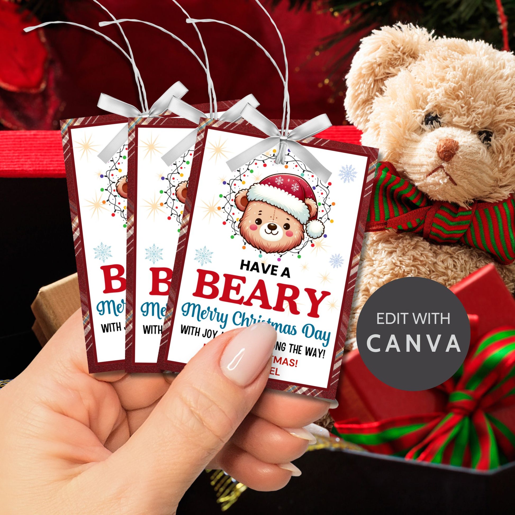 Cute bear-themed holiday gift tags featuring an adorable bear wearing a Santa hat and wrapped in Christmas lights, with the message 'Have a Beary Merry Christmas Day with joy and cheer along the way!' Perfect for personalized holiday gifts.