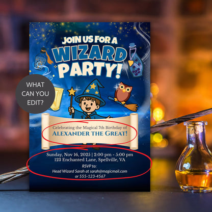 Wizard-themed invitation template featuring a boy wizard with wand, spell book, flying owl, and magical background. Includes editable party details on a scroll banner.