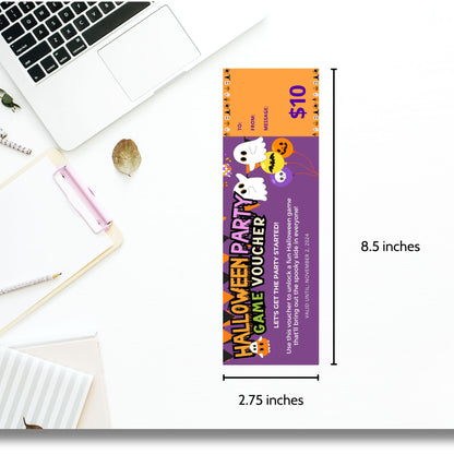 Halloween-themed party game voucher featuring ghosts, balloons, and festive banners, offering a "Halloween Party Game Voucher" to unlock spooky games and activities.