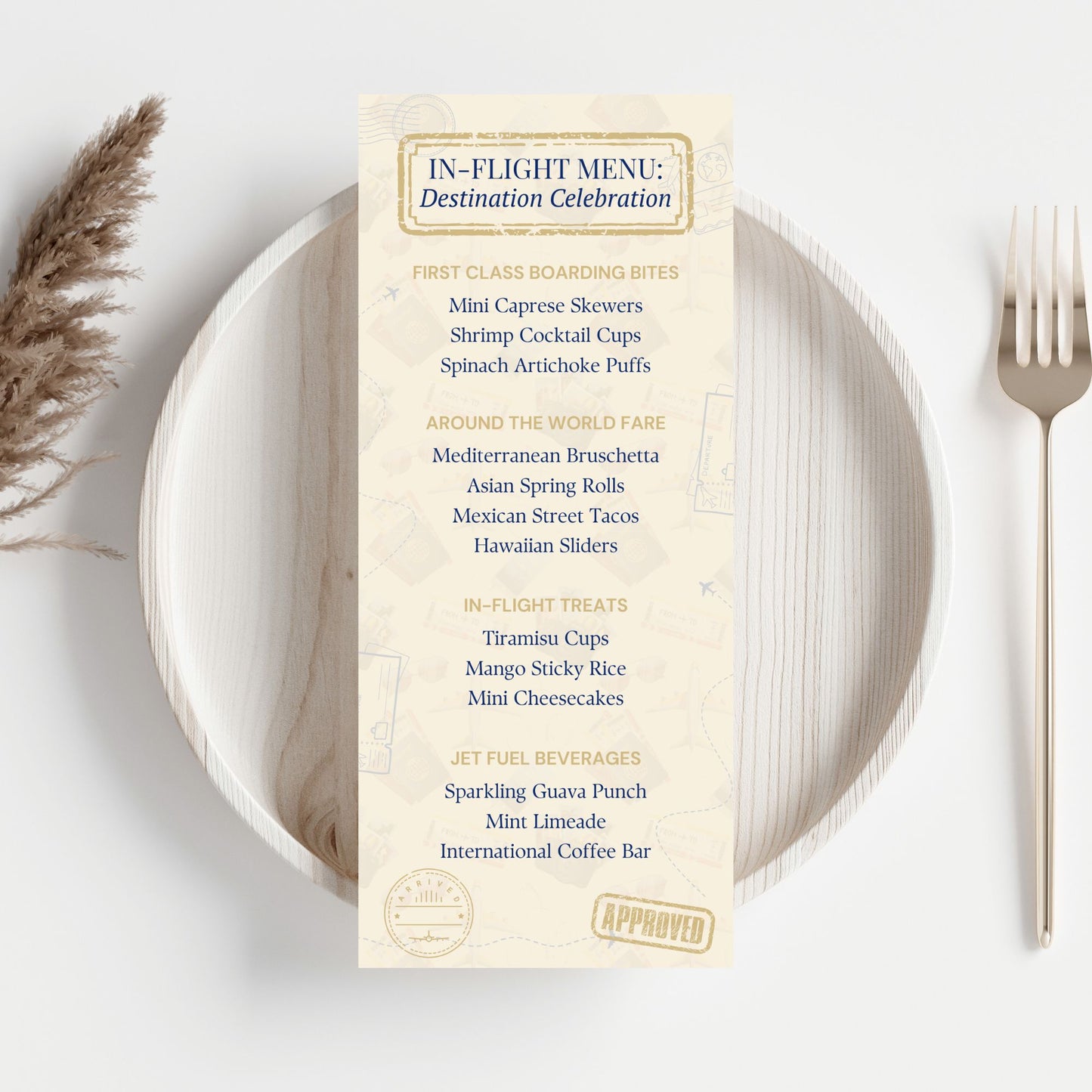 Travel-themed editable graduation menu table card titled "In-Flight Menu: Destination Celebration" with global food sections, sized 3.65 x 8.5 inches.
