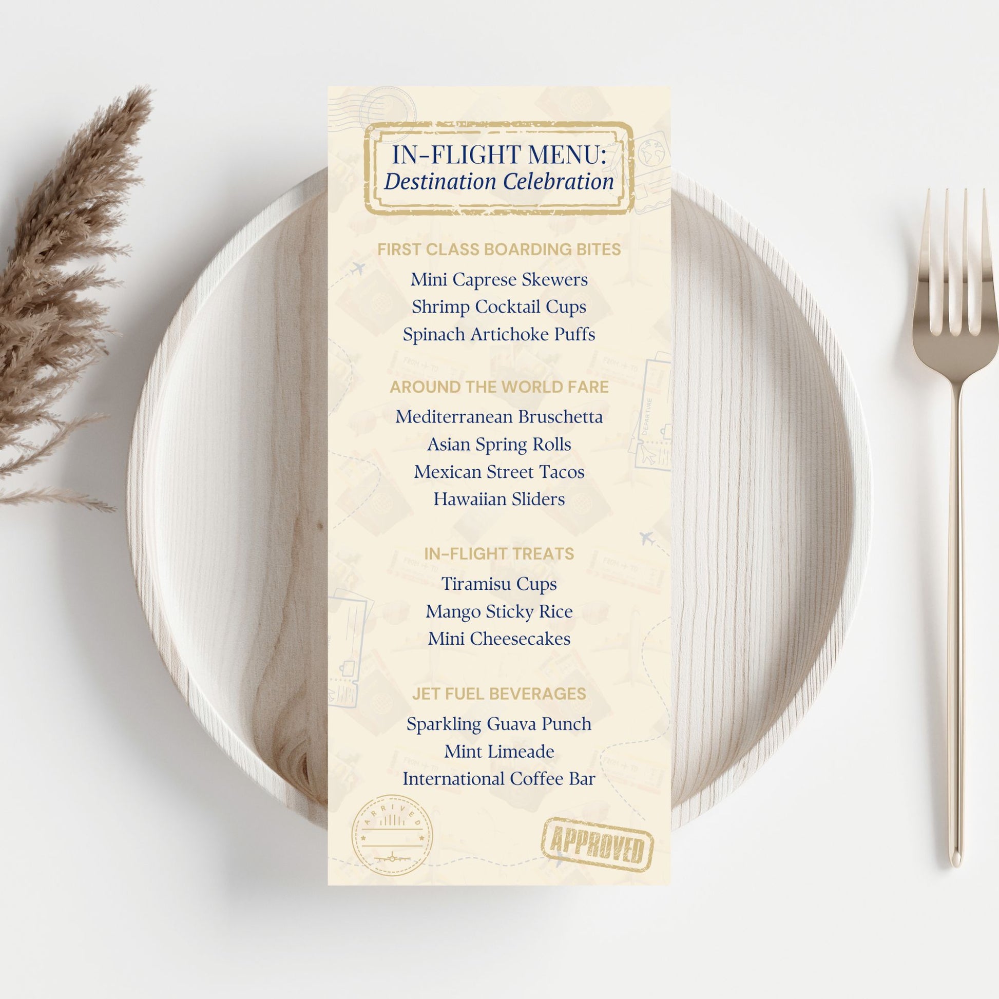 Travel-themed editable graduation menu table card titled "In-Flight Menu: Destination Celebration" with global food sections, sized 3.65 x 8.5 inches.