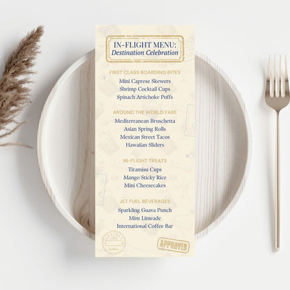 Travel-themed editable graduation menu table card titled "In-Flight Menu: Destination Celebration" with global food sections, sized 3.65 x 8.5 inches.