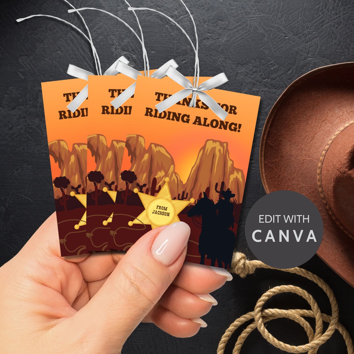 Wild West editable thank you gift tags printable for cowboy party favors with rustic Western design and "Thanks for Riding Along" message.