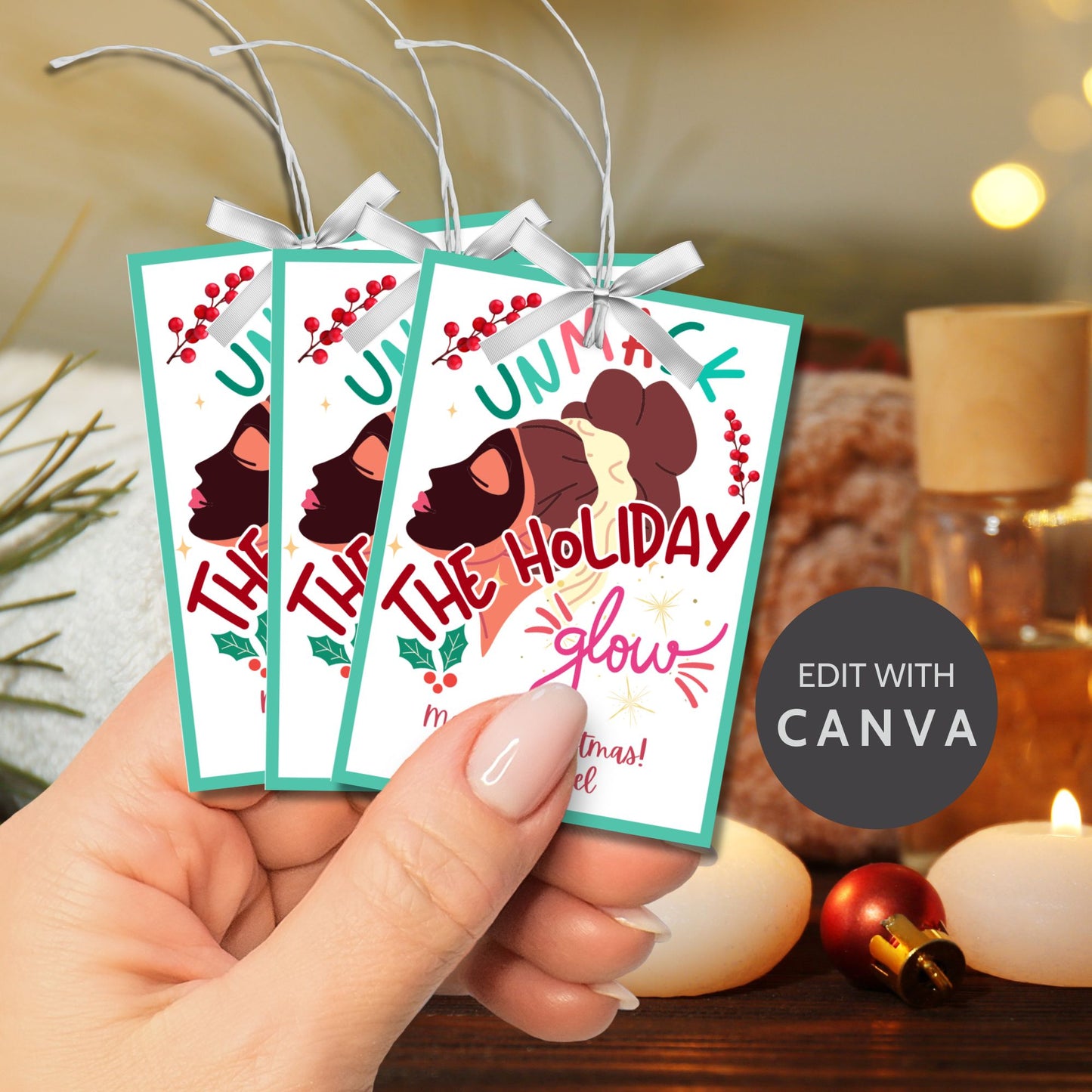 Christmas gift tags featuring a festive design with facial masks and the message "Unmask the Holiday Glow." These printable and editable tags are perfect for beauty gifts like skincare sets or facial masks, adding a touch of luxury to holiday presents.