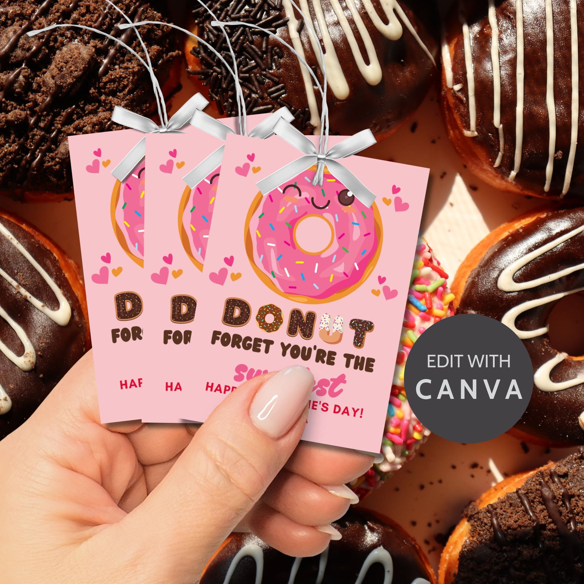 Cute printable and editable donut-themed Valentine’s Day gift tags featuring the message "Donut Forget You’re the Sweetest!" Perfect for pairing with a donut or treat for teachers, employees, students, and coworkers.