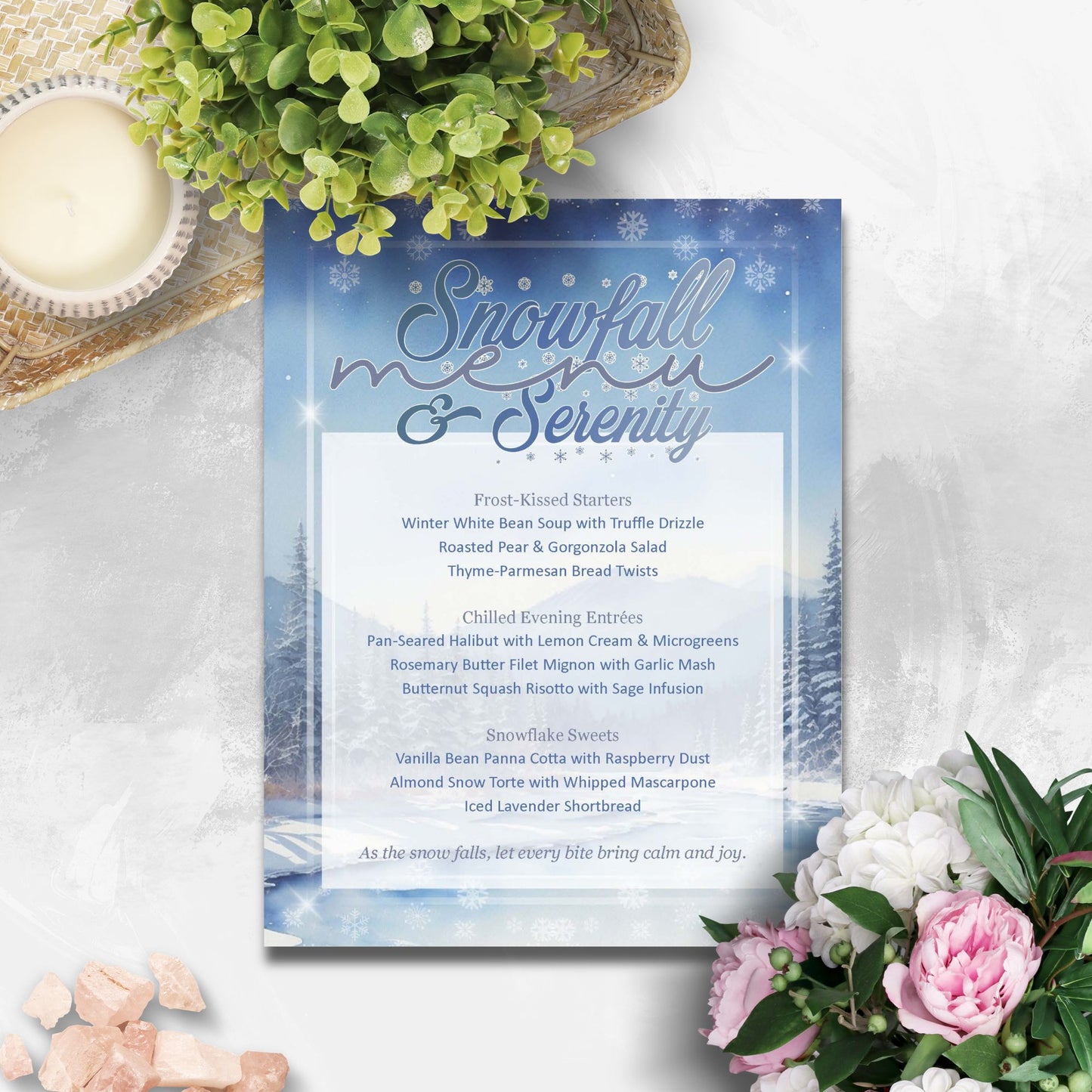 Winter-themed menu card with snowflake design on a decorative surface with flowers and candles.