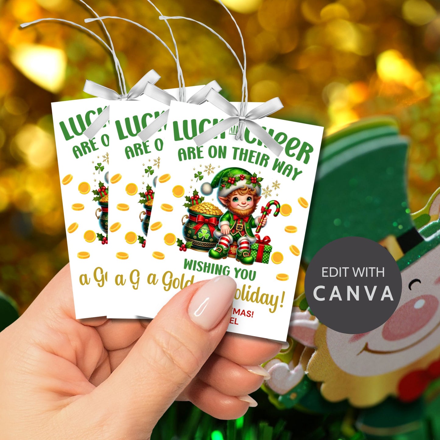 Festive leprechaun-themed holiday gift tags featuring a cheerful elf in a green outfit, surrounded by golden coins, presents, and candy canes. The tag reads 'Luck and Cheer are on Their Way - Wishing You a Golden Holiday!'