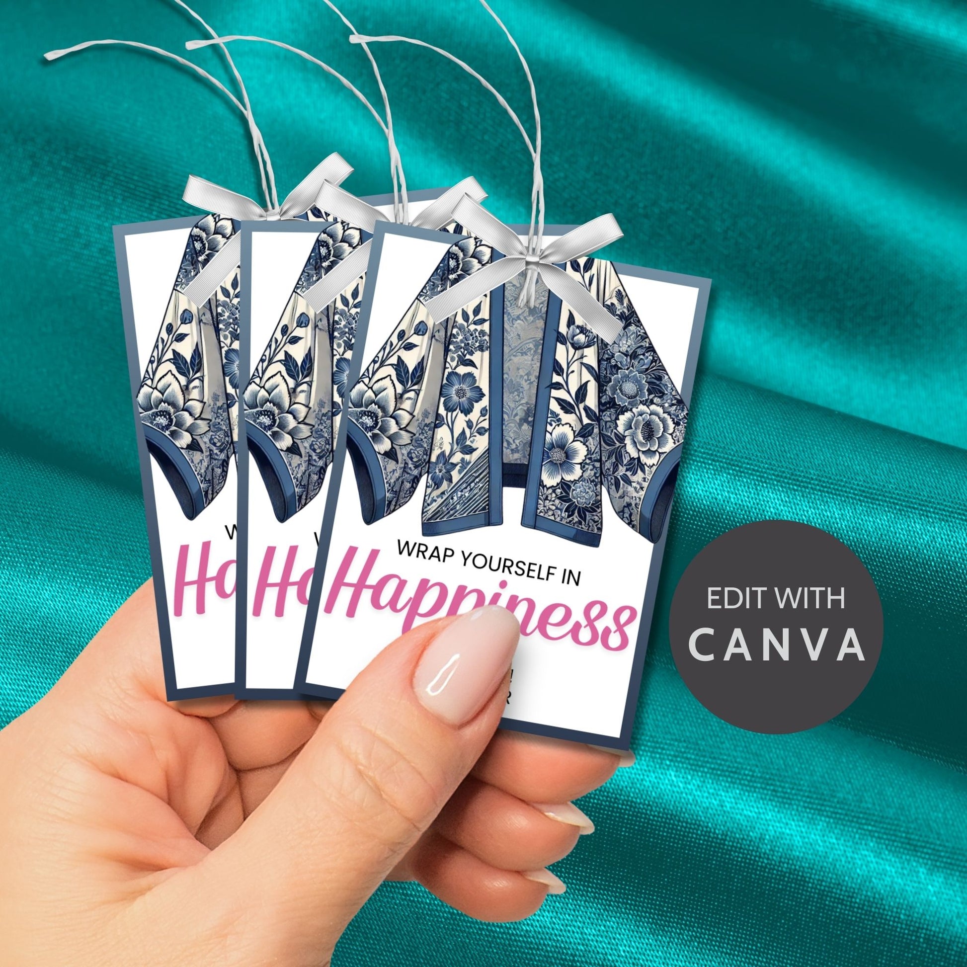 Printable kimono gift tags featuring a colorful kimono design with the text "Wrap Yourself in Happiness" and customizable space for names, perfect for adding a personal touch to any gift.