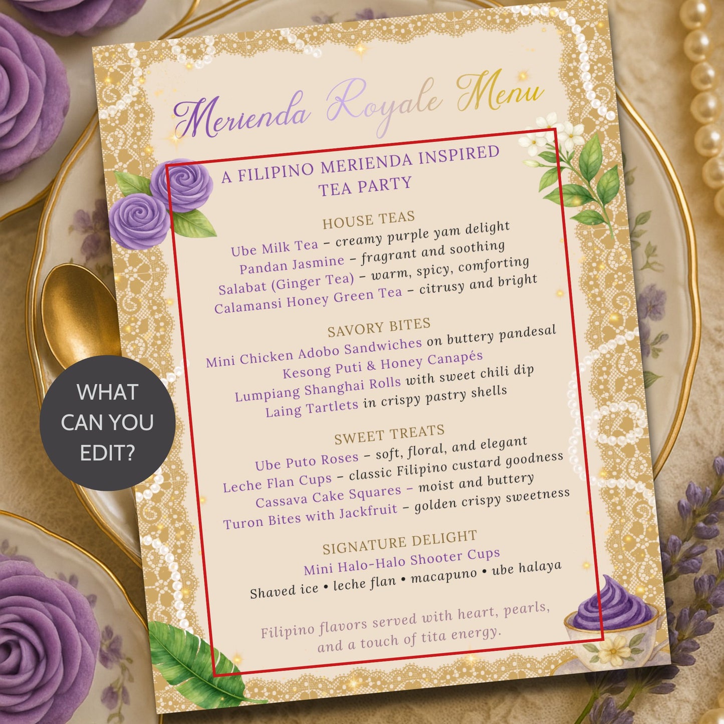 Tea party menu with decorative elements on a gold plate